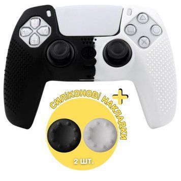 Защитный силиконовый чехол Black/White для геймпада Sony DualSense (PS5) + в подарок накладки на стики 1436 фото