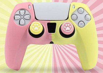 Защитный силиконовый чехол Pink/Yellow для геймпада Sony DualSense (PS5) + в подарок накладки на стики "Лапки" 1434 фото