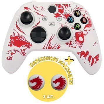 Качественный защитный силиконовый чехол BearWolf (White/Red) для геймпада Xbox Series X|S + накладки на стики 1422 фото