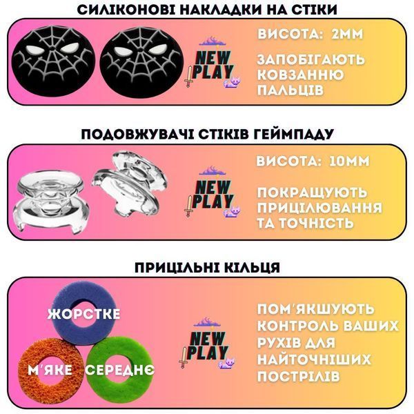 Комплект NEWPLAY Aim Boost Kit (3в1): накладки на стіки Spider-Man Mask Black + прицільні кільця + подовжувачі аналогів для 1005 фото