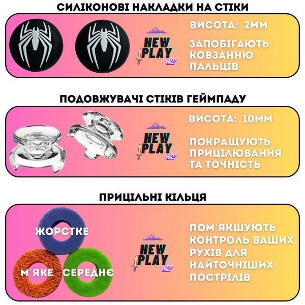 Комплект NEWPLAY Aim Boost Kit (3в1): накладки на стики Spider-Man B/W + прицельные кольца + удлинители 1007 фото