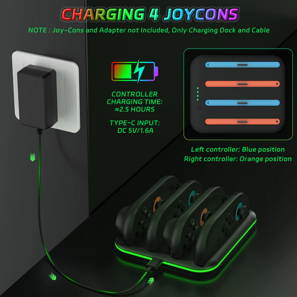 Зарядная станция JYS для 4 контроллеров Joy-Con Nintendo Switch 2 c индикатором заряда 1506 фото