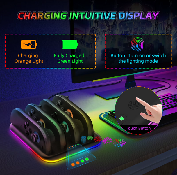 Зарядная станция JYS для 4 контроллеров Joy-Con Nintendo Switch 2 c индикатором заряда 1506 фото