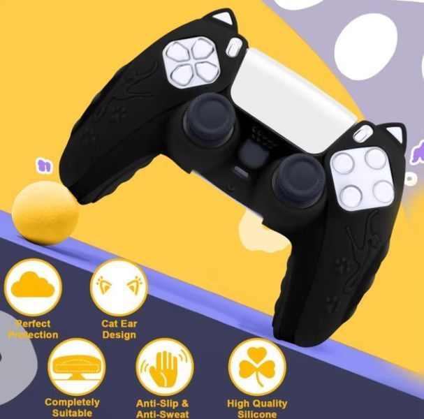 Якісний захисний силіконовий чохол Cat Ear Black для геймпаду Sony DualSense PS5 + накладки на стіки Cat Paws 1405 фото