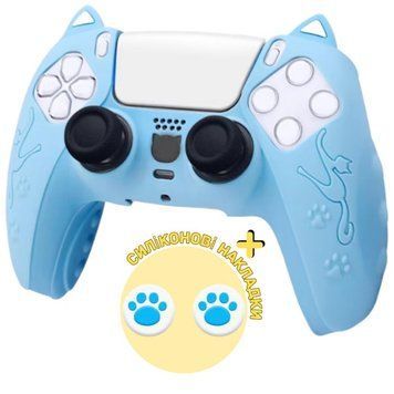 Якісний захисний силіконовий чохол Cat Ear Blue для геймпаду Sony DualSense PS5 + накладки на стіки Cat Paws 1406 фото