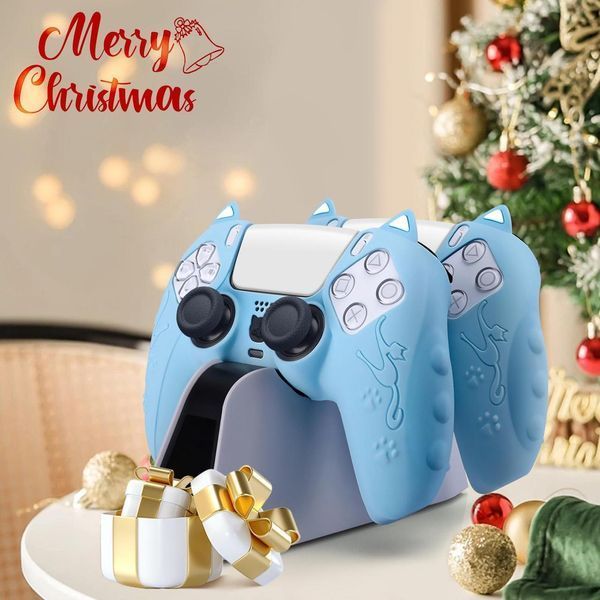 Качественный защитный силиконовый чехол Cat Ear Blue для геймпада Sony DualSense PS5 + накладки на стики Cat 1406 фото