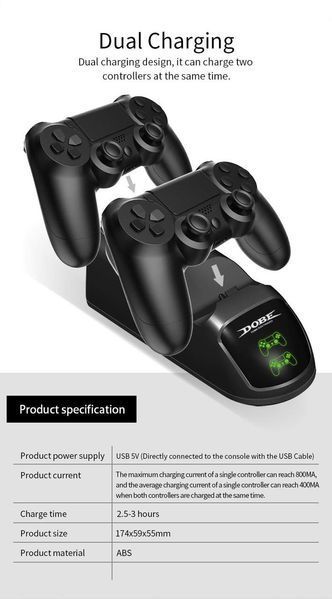 Зарядна станція DOBE TP4-889 для геймпадів DualShock 4 (PS4) з LED індикаторами (Black) 0974 фото