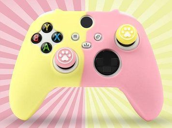 Качественный защитный силиконовый чехол Yellow/Pink для геймпада Xbox Series X|S + накладки на стики Cat Paws 1409 фото