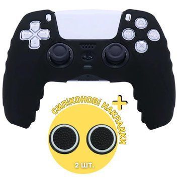 Якісний рельєфний силіконовий чохол Black для геймпада DualSense Sony PlayStation 5 (PS5) + антиковзні накладки на стіки 1432 фото